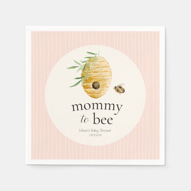 Mommy To Bee Striped Blush Pink Girl Baby Shower  Napkin (Front)