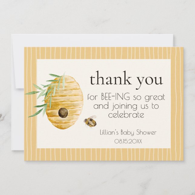 Mommy To Bee Striped Yellow Honey Bee Baby Shower  Thank You Card (Front)