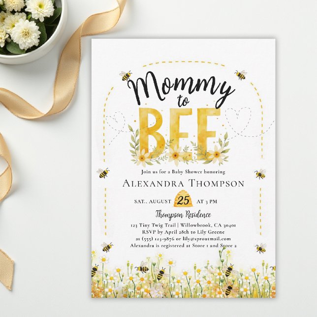 Mommy to Bee Wildflowers Floral Arch Baby Shower Invitation (bee baby shower theme invitation spring summer mommy wildflowers little honey watercolor floral)