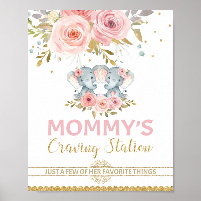 Mommy's Craving Station Elephant Twins Baby Shower Poster (Front)