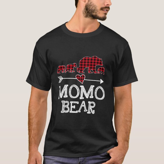 Momo Bear Christmas Pajama Red Plaid Buffalo Famil T-Shirt (Front)