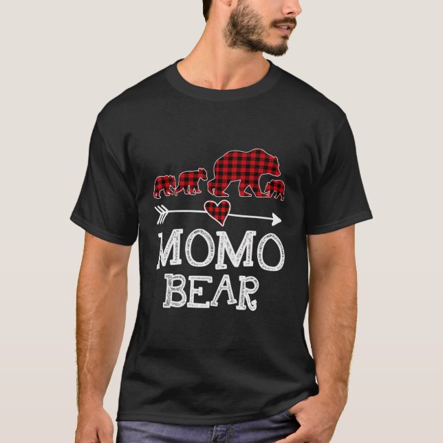 Momo Bear Christmas Pajama Red Plaid Buffalo Famil T-Shirt (Front)