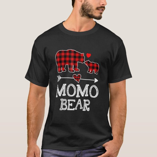 Momo Bear Christmas Pajama Red Plaid Buffalo Famil T-Shirt (Front)
