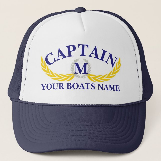 Momogrammed boat name anchor motif captains trucker hat (Front)