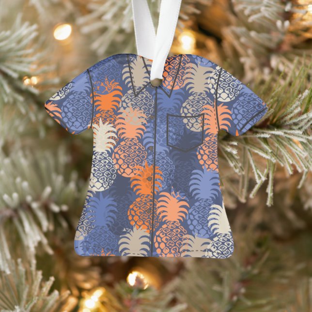 Momona Hawaiian Tropical Pineapple AlohaShirt-Blue Ornament (Tree)