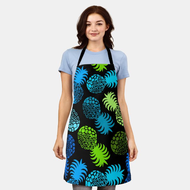Momona Hawaiian Tropical Pineapple -Black Teal Apron (Worn)