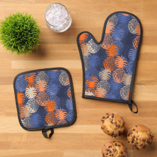 Momona Hawaiian Tropical Pineapple Blue Orange Oven Mitt & Pot Holder Set