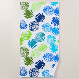 Momona Hawaiian Tropical Pineapple - Turq- White Beach Towel