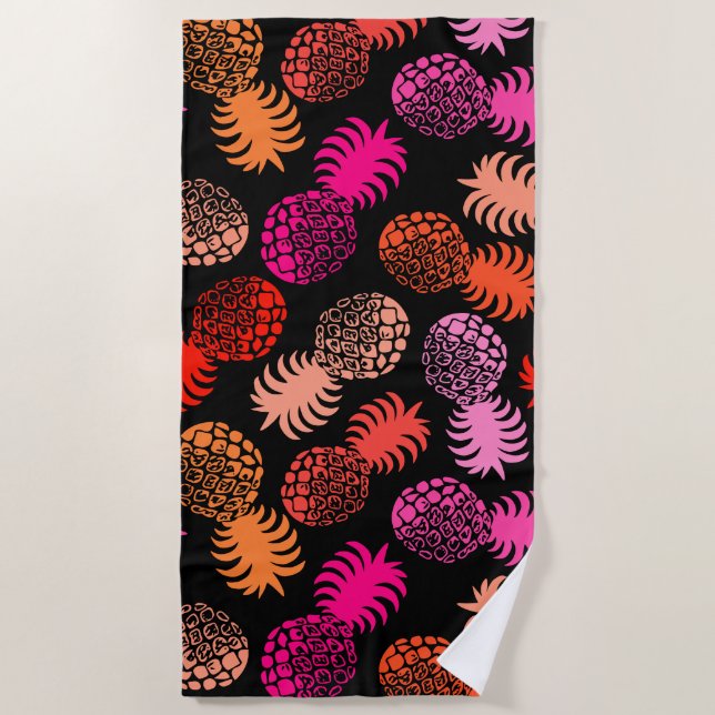 Momona Hawaiian Tropical Pineapple - Warm- Black Beach Towel (Front)