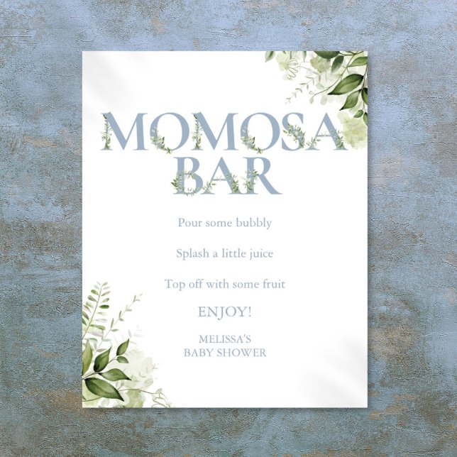 Momosa Bar Greenery Dusty Blue Baby Shower Poster (Momosa Bar Greenery Dusty Blue Baby Shower Poster)