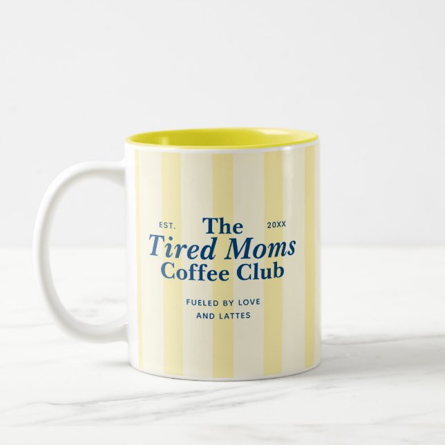 Moms Club Typography Yellow Stripes Two-Tone Coffee Mug (Left)