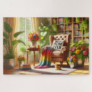 Mom's Cozy Reading Nook with Cat Mother's Day Gift Jigsaw Puzzle