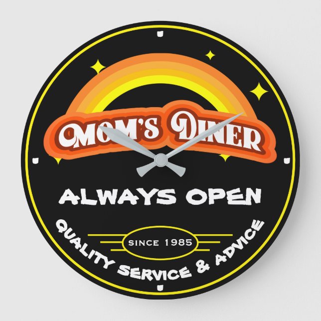 Mom's Diner Always Open Retro Rainbow Black Large Clock (Front)