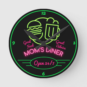 Mom's Diner Open 24/7 Retro Fifties Neon Effect Round Clock