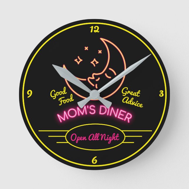 Mom's Diner Open All Night Retro 50's Neon Effect Round Clock (Front)