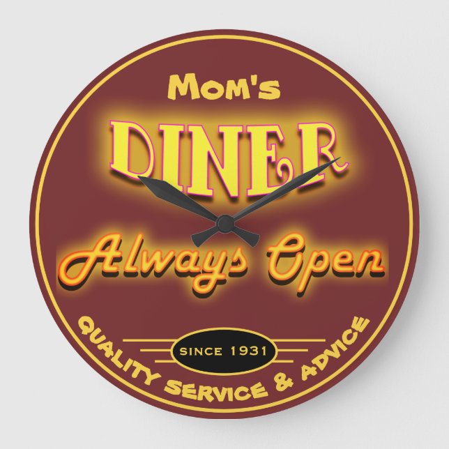 Mom's Diner or Any Name Burgundy Neon Look  - Large Clock (Front)