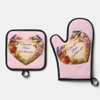 Mom's Pink Floral Heart Oven Mitt /Pot Holders Set