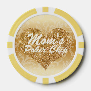 Mom's Poker Chip Gold Faux Glitter Heart Floral