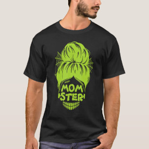Momster Halloween Costume Skull Mum Messy Hair Bun T-Shirt