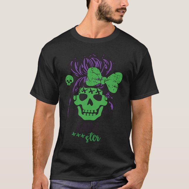 Momster Halloween Costume Skull Mum Messy Hair T-Shirt (Front)