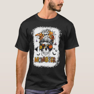 Momster Halloween Monster Messy Bun Skull Bleached T-Shirt