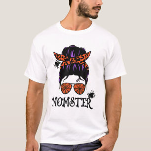 Momster Messy Bun With Orange Spiders - Halloween T-Shirt