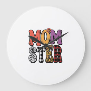 Momster Vintage Mum Leopard Plaid Typography Desig Large Clock
