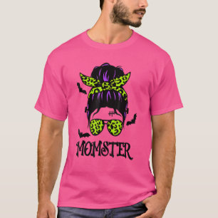 Momster Womens Halloween Messy Bun Mum Leopard 1 T-Shirt