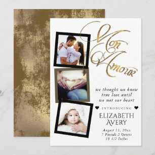 Mon Amour   Gold Grunge Foil Baby Birth 3 Photo Announcement