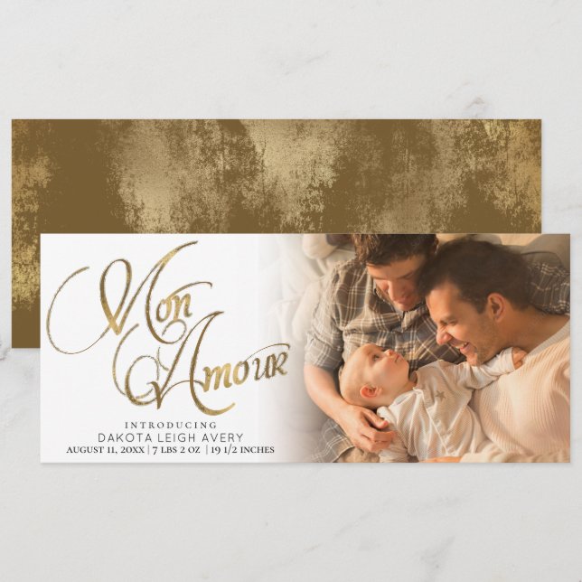 Mon Amour | Gold Grunge Foil New Baby Birth Photo Announcement (Front/Back)