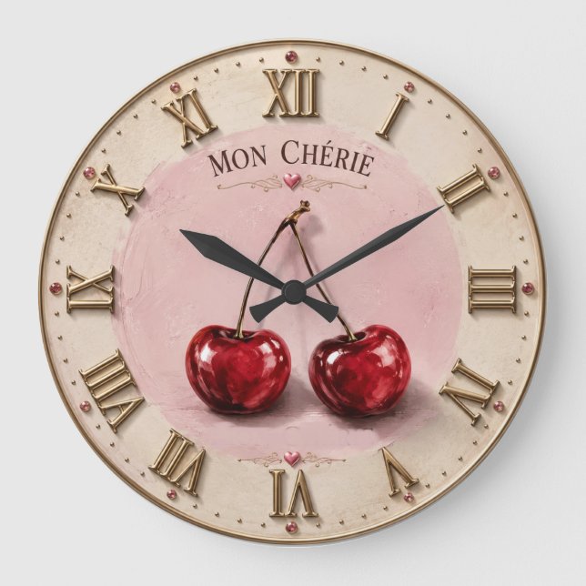 Mon Chérie Cherry  Romantic French Quote  Large Clock (Front)