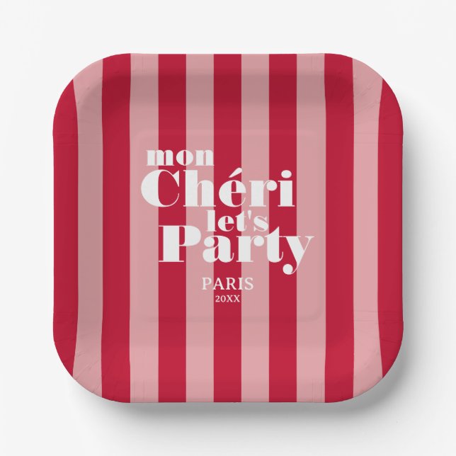 Mon Cherie Let's Party Cherry Red Bold Stripe  Paper Plate (Front)