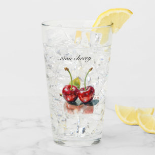 Mon Cherry, two cherries watercolor customisable Glass