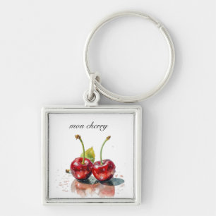 Mon Cherry, two cherries watercolor customisable Key Ring