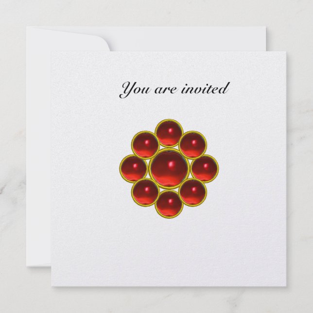 MON WITH RED RUBY GEMSTONES White Pearl Invitation (Front)