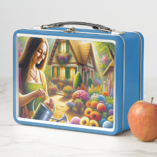Mona giving water for flowers plants metal lunch box