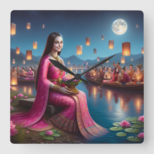 Mona in Roy Krathong Festival Thailand Square Wall Clock (Front)