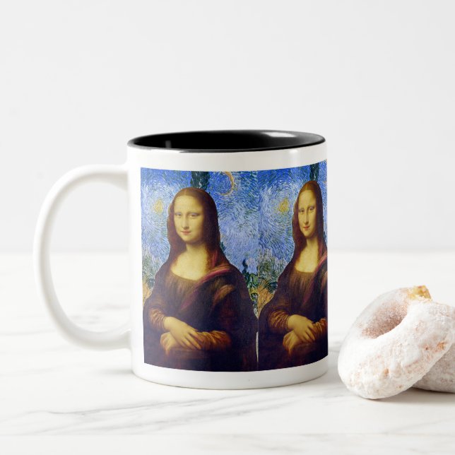 Mona Lisa and Van Gogh Two-Tone Coffee Mug (With Donut)