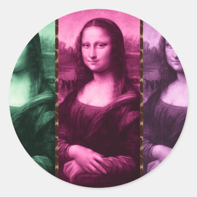 Mona Lisa Animal Print Green Pink Purple Classic Round Sticker (Front)