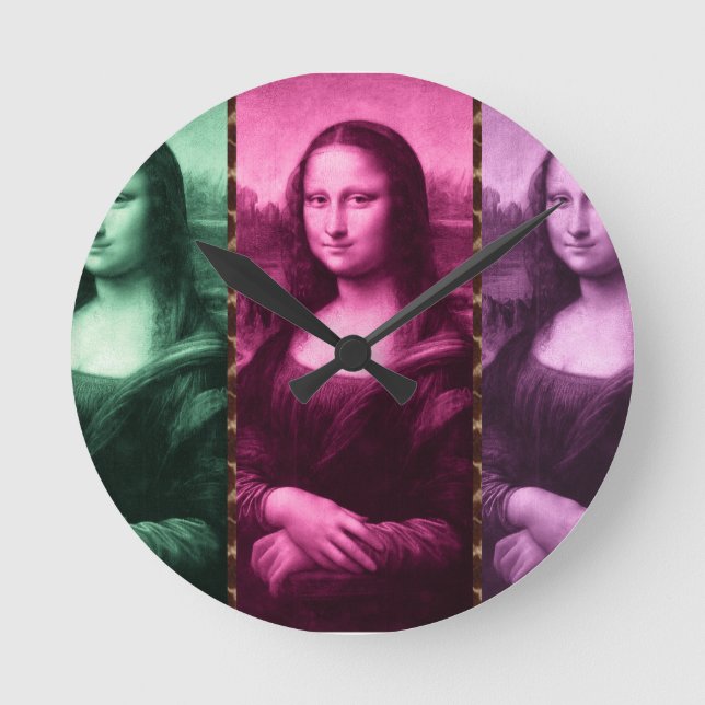 Mona Lisa Animal Print Green Pink Purple Round Clock (Front)