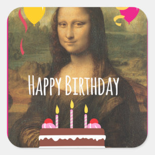 Mona Lisa Birthday With Cake and Balloons Square Sticker