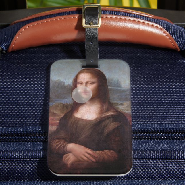 Mona Lisa blowing gray bubble gum Luggage Tag (Front Insitu 2)