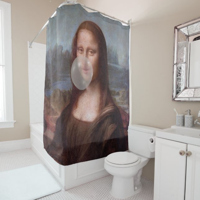 Mona Lisa blowing gray bubble gum Shower Curtain (In Situ)
