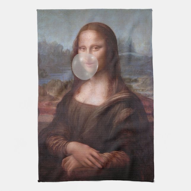 Mona Lisa blowing gray bubble gum Tea Towel (Vertical)