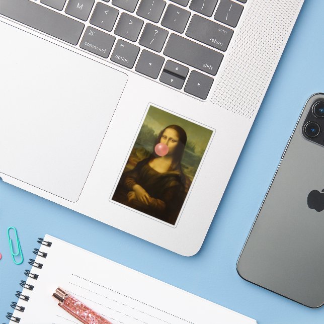 Mona Lisa Blowing Pink Bubble Gum (Laptop w/ iPhone)