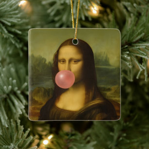Mona Lisa Blowing Pink Bubble Gum Ceramic Ornament