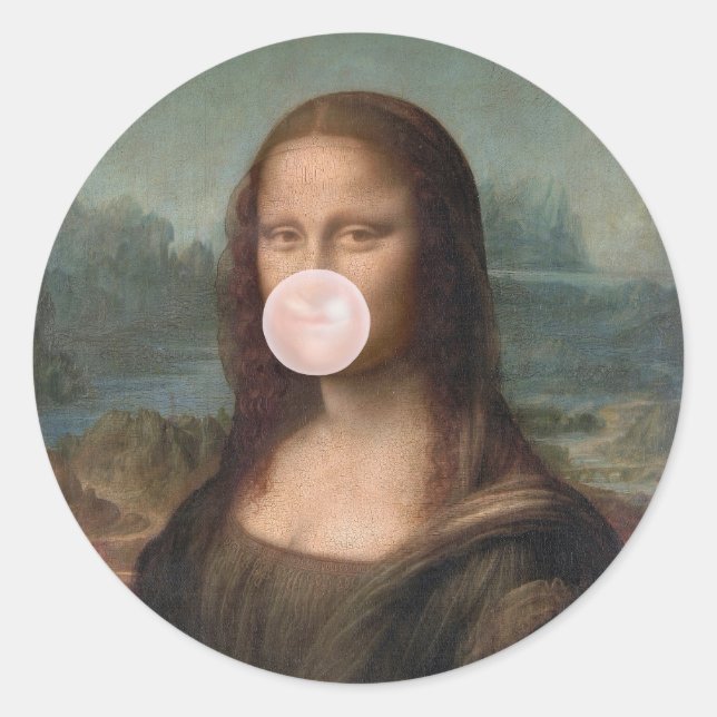 Mona Lisa Blowing Pink Bubble gum  Classic Round Sticker (Front)