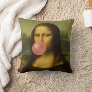 Mona Lisa Blowing Pink Bubble Gum Cushion