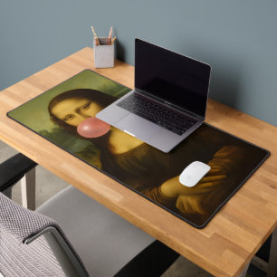Mona Lisa Blowing Pink Bubble Gum Desk Mat
