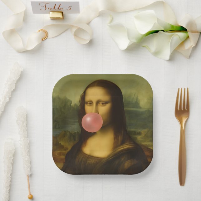 Mona Lisa Blowing Pink Bubble Gum Paper Plate (Wedding)